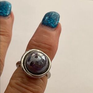 Stunning Large Grey Murano Glass Bead in Silvertone Wire Mount Adjustable Ring